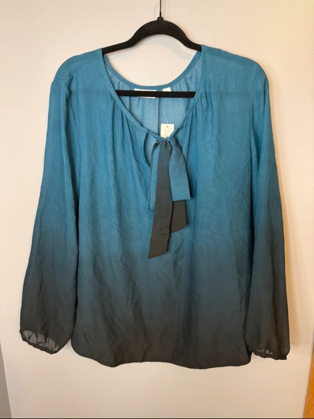 New York & Company Teal to Charcoal Ombre Tie-Neck Blouse
